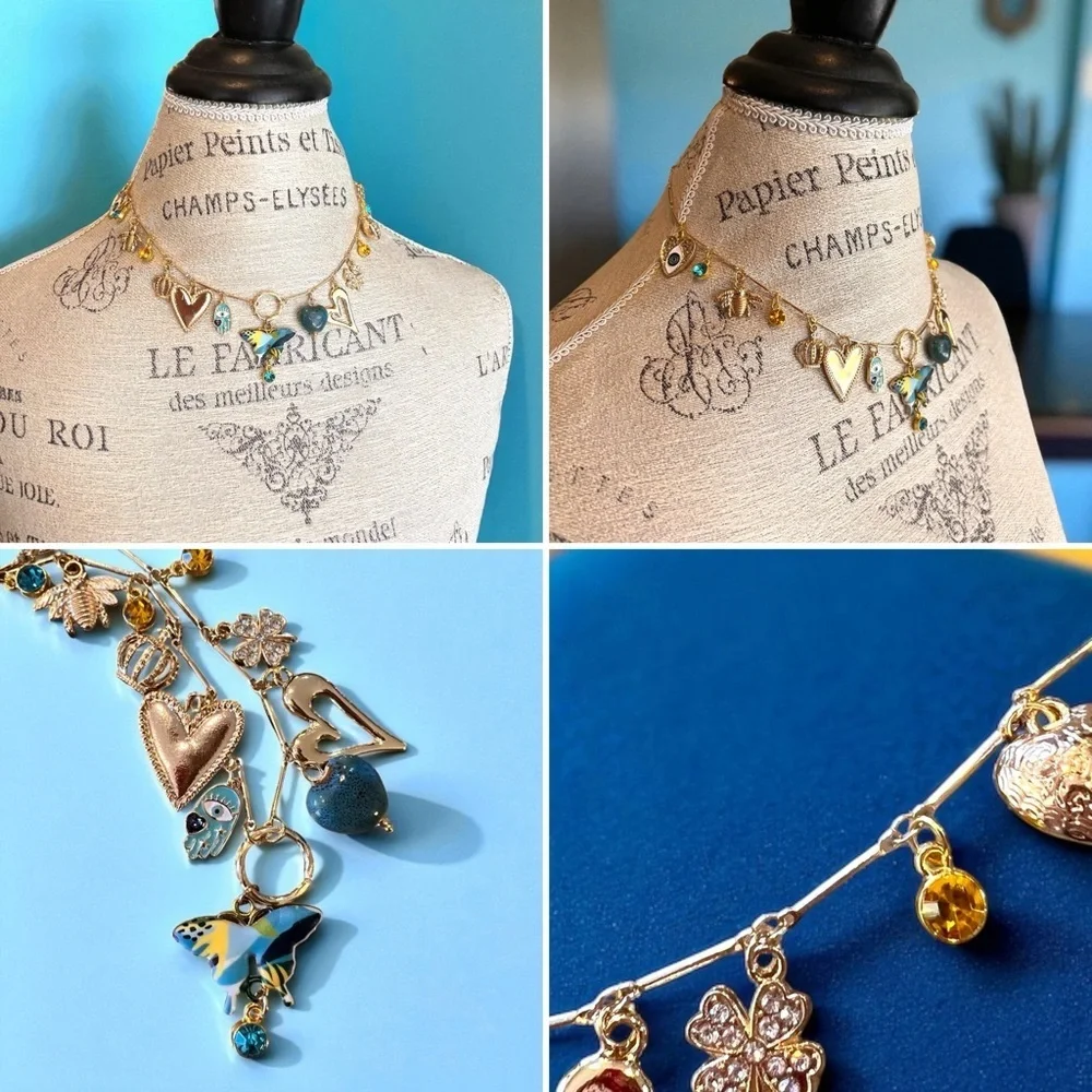 Unique and Gorgeous Gold toned Necklace with Varying Blue and Yellow Charms
